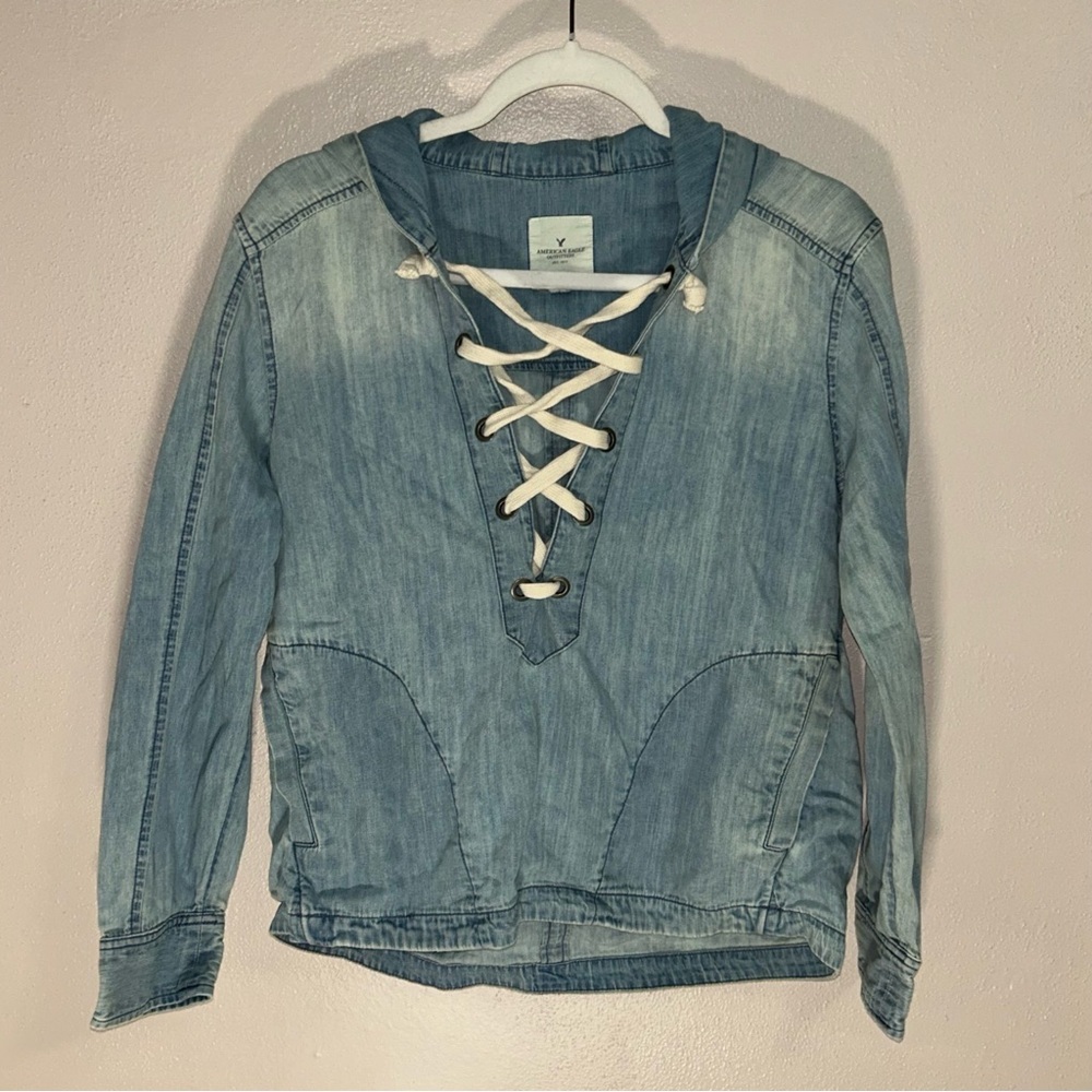 American Eagle Outfitters Blue Denim hoodie cross cross Top